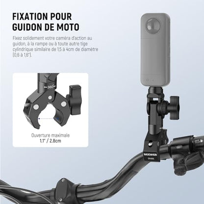 NEEWER Motorcycle Bike Handlebar Clamp Mount, Heavy Duty Clip Holder, 1/4" Screw & 3 Prong Adapter Compatible with Insta360 X5 X4 GoPro Hero 13 12 POV Video Recording, 360° Rotation & 270° Tilt, CA161 - style: CA161