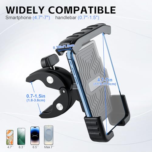GaRhomxy Bike Phone Holder, Quick Release Motorcycle Phone Mount for Handlebar, Fits iPhone 17/16/15/14/13 Pro Max, Samsung S20 and All 4.7-7” Cell Phones, Universal Dirt Scooter Accessories, Black