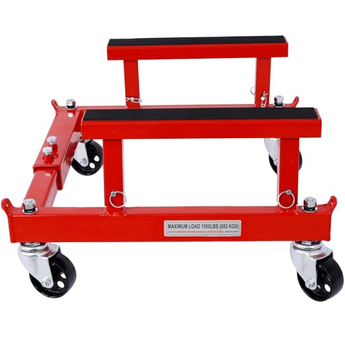 Garvee Heavy Duty Motorcycle ATV Engine Cradle Dolly, 1500 Lbs Capacity Engine Stand with 4×360° Swivel Wheels, Adjustable Width & Height, Rubber Pads & Tie-Down Points for Repair - color: Red