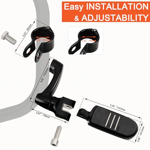 FOVPLUE 1.25" /32mm Highway Foot Pegs w/360° Adjustable Long Mounts Universal for Harley Touring Street Glide/Road Glide/Electric Glide/Road King Indian Motorcycle w/1-1/4" Crash Bar,BLACK#11