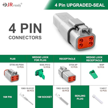JRready 4 Pin Deutsch DT Connector Kit 12 Sets, DT06-4S DT04-4P Gray Waterproof Automotive Electrical Wire Connectors with Size 16 Stamped Contacts 14-18 AWG, for Car Truck Marine Wiring - size: 4-Pin (12 Pairs)