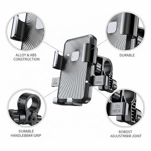 Motorcycle Phone Mount, Alloy Handlebar Holder for Bike & E-Bike GPS Navigation - Black