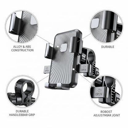 Motorcycle Phone Mount, Alloy Handlebar Holder for Bike & E-Bike GPS Navigation - Black
