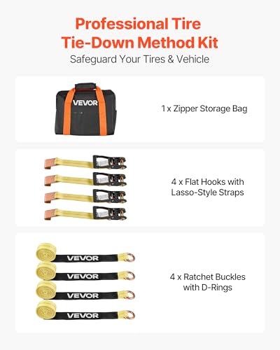 VEVOR Wheel Chock Tie-Down Kit, Tire-Style Motorcycle Tie-Down System, Car Kit with Flat Hook, Break Strength 10009 lbs & Working Load 3333 lbs Trailer Strap for ATVs, SUVs, Trailers - style: Tire-Style with flat hook