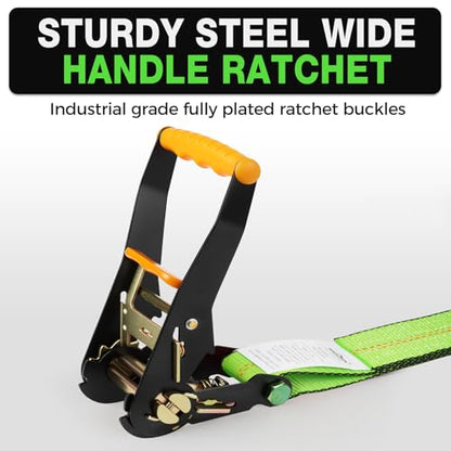 Heavy Duty 4 Pack Axle Tie Down Straps for Trailers-2" x 114" Car Hauler Straps with Snap Hooks-10,000 lbs Break Strength, 3300 lbs Capacity - DOT Certified Wheel Ratchet Tie Downs (Green) - color: Hi Viz Green