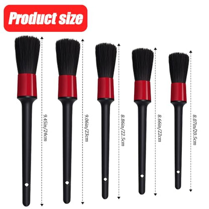 Car Detailing Brush Set, Car Detailing Kit, 5 Different Size Boar Hair Mixed Fiber Plastic Handle Auto Detail Brushes, Auto Interior Cleaning Tool for Leather Seat Wheels Engine Air Vent
