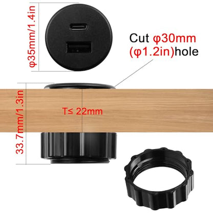 QIANRENON 2 Port USB C & USB Threaded Fixed Fast Charging Adapter 15W USB C + USB A Embedded Mount Round Connector Socket 5V/3.1A,LED Light, Mount on Furniture Desktop, Black (only for USB Charge) - color: Black