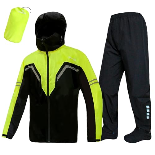 Waterproof Rain Suit for Men,Lightweight Rain Jackets and Pants Portable Reflective for Motorcycle Cycling Rain Gear - color: Fluor Green, size: XX-Large