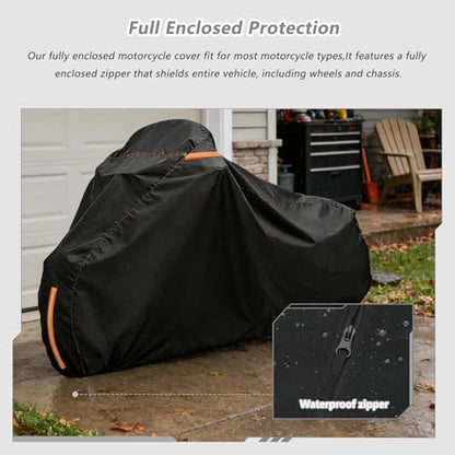 Full Enclosed Motorcycle Cover Waterproof,Heavy Duty 600D Oxford Outdoor Indoor Motorcycle Full Cover with All-Round Enclosed Zipper and Reflective Strips,Fits Most Heavy Duty Scooter Moped Motorcycle - size: 86" W x 32" D x 49" H