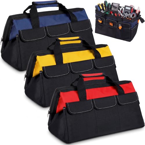 Sanwuta 3 Pack Tool Bag for Men with Waterproof Hard Bottom, Heavy Duty Tool Bag Wide Mouth Tote for Various Instrument, Electrician Carpenter Mechanic(Blue, Red, Yellow,18 Inch,Side Pockets) - color: Blue, Red, Yellow, size: 18 Inch, style: Side Pockets