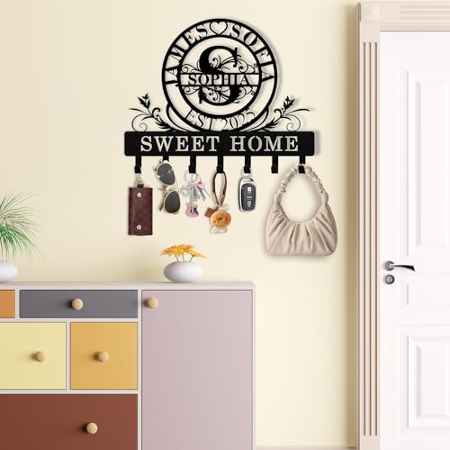 Personalized Key Holder Wall Mount, Custom Family Name Metal Key Rack Organizer, Wall Keys Hanger with Monogram Design, Home Keys Hooks for Bedroom Entryway, Anniversary Couple Gift - color: 10 Monogram