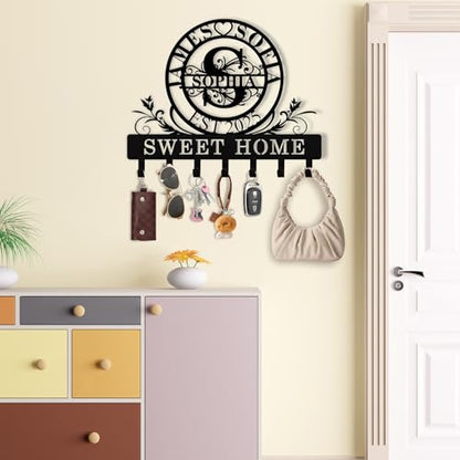 Personalized Key Holder Wall Mount, Custom Family Name Metal Key Rack Organizer, Wall Keys Hanger with Monogram Design, Home Keys Hooks for Bedroom Entryway, Anniversary Couple Gift - color: 10 Monogram