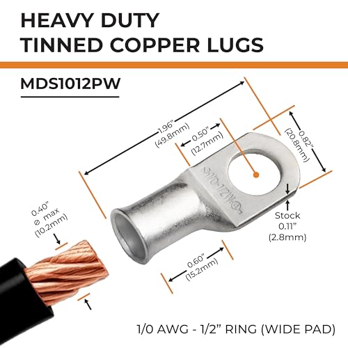 SELTERM 10pcs 1/0 AWG-1/2" Stud (Wide Pad) Tinned Copper Wire Lugs, Heavy Duty Battery Cable Ends,0 Gauge Ring Terminals, UL Battery Lugs Marine Grade Copper Eyelets Battery Terminal Connectors - color: Tinned Copper Lugs, size: 1/0 Awg - 1/2" (M12) Ring