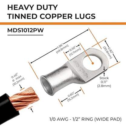 SELTERM 10pcs 1/0 AWG-1/2" Stud (Wide Pad) Tinned Copper Wire Lugs, Heavy Duty Battery Cable Ends,0 Gauge Ring Terminals, UL Battery Lugs Marine Grade Copper Eyelets Battery Terminal Connectors - color: Tinned Copper Lugs, size: 1/0 Awg - 1/2" (M12) Ring