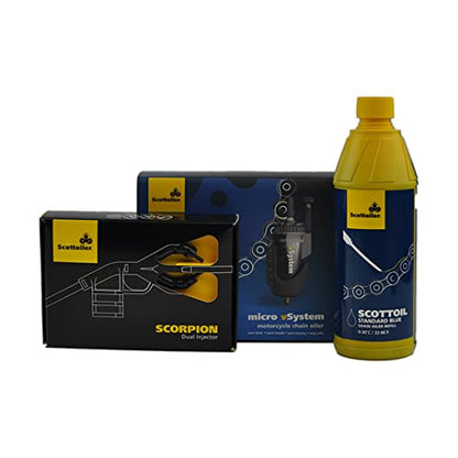 Scottoiler Essentials Micro vSystem Automatic Motorcycle Chain Lubrication System & Scorpion Dual Injector - Twin Feed applicator with 16.9fl.oz Blue Scottoil Refill Bundle