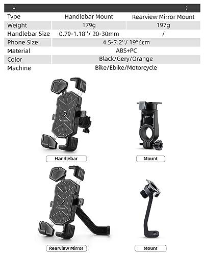 ROCKBROS Motorcycle Phone Holder Mount, Compatible with 4.5-7.1 inch Smartphones, Quick Release Handlebar Clamp, 360 Rotatable, Anti-Slip Silicone for Secure Grip - color: Grey