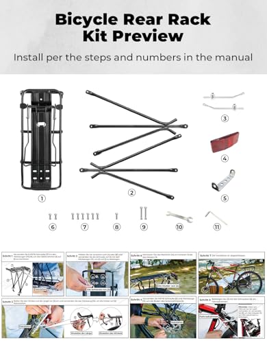 KEMIMOTO Bike Cargo Rack, Rear Bike Rack 24-27.5 in, Adjustable Length, Maximum Load 220lbs, Red Rear Reflective Light, Three-Bracket Design, Aluminum Alloy