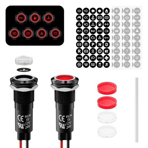 2PCS LED Metal Indicator Lights, Includes 180 Replacement Symbols 12V 24V 12mm Mounting Holes IP67 Waterproof Pilot Lights for DIY,Car, Boat, Motorcycle Dashboard Indicator Lights(Red LED Light) - color: 12mm-Red Light-2PCS