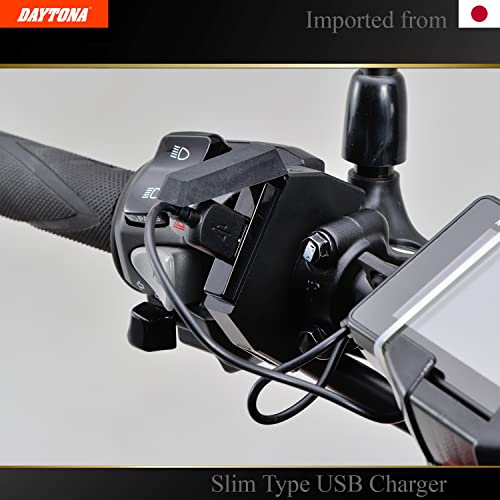 DAYTONA Motorcycle USB Charger Slim Type (1 Port) - Handlebar Clamp, Water Resistant Cover, Fast Charging 5V/2.4A Output, Fits ?22.2/25.4mm, Made in Japan