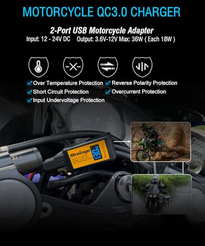 Motorcycle USB Charger, Mroinge 6.8A SAE to USB Adapter Dual Port QC3.0/2.0 Fast Charge, with Voltmeter/Ammeter & ON/Off Switch & 10A Fuse, Perfect for Your Phone or Smart Device Charging - size: 6.8A @ QC3.0