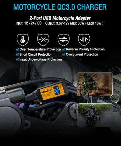 Motorcycle USB Charger, Mroinge 6.8A SAE to USB Adapter Dual Port QC3.0/2.0 Fast Charge, with Voltmeter/Ammeter & ON/Off Switch & 10A Fuse, Perfect for Your Phone or Smart Device Charging - size: 6.8A @ QC3.0