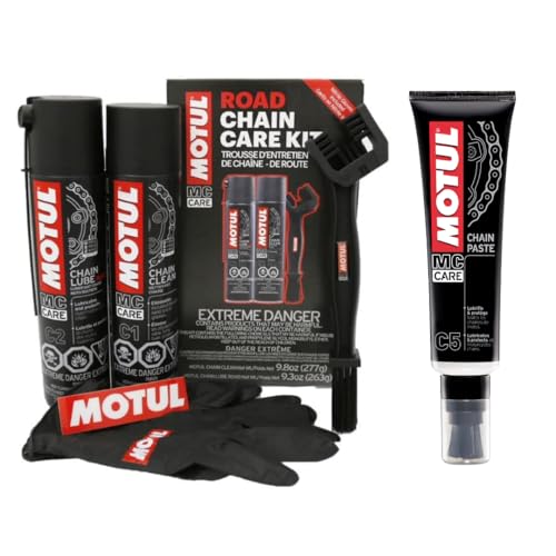 Motul Motorcycle Chain Care Bundle – C5 Chain Paste + C1 Chain Cleaner & C2 Chain Lube Kit w/Brush & Gloves Road Motorcycle Maintenance Kit