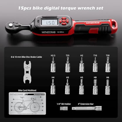 Bike Digital Torque Wrench 1/4" Drive 15-Piece Kit | 1.5-30 N.m / 1-22 Ft.lb Torque Range for MTB & Cycling Maintenance - size: 1/4" 15pcs-Bike 1.5-30N.m/1-22Ft.lb