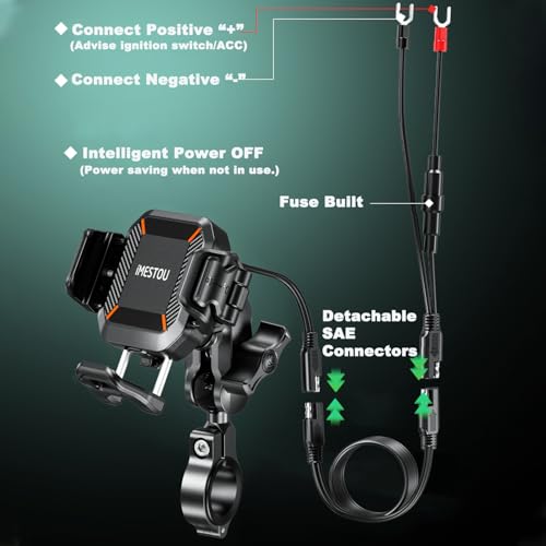 iMESTOU Motorcycle Wireless USB C Phone Mount Anti-Vibration, Anti-Theft 1" Ball Qi Phone Mount Suitable for 5.2"-7.2" Up to 15mm Thick Phones, Fits for 22-32mm Handlebars, Works with 12-24V Vehicles