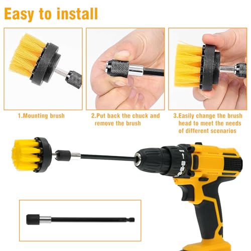8 Pcs Drill Brush Attachment Set, Power Cleaning Scrub Brush Kit with Extend Long Attachment, All Purpose Drill Scrub Brushes for Car, Grout, Floor, Tub, Bathroom and Kitchen (Yellow) - color: Yellow