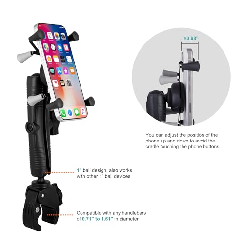 Kayak Phone Mount with Clamp Ball Base, 360° Adjustable Marine Grade Aluminum Holder with 6.7" Long Arm, for Fishing Boat and Motorcycle, Suitable for Bars and Rails with 0.71"-1.61" Diameter
