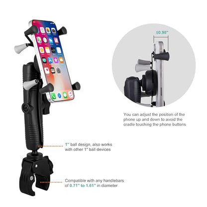 Kayak Phone Mount with Clamp Ball Base, 360° Adjustable Marine Grade Aluminum Holder with 6.7" Long Arm, for Fishing Boat and Motorcycle, Suitable for Bars and Rails with 0.71"-1.61" Diameter