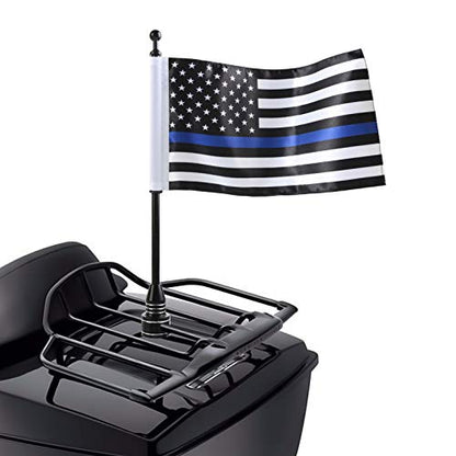 Thin Blue Line American Flag with Black Motorcycle Flagpole Mount for Harley Honda Goldwing CB VTX CBR Yamaha - Fits 1/2" Round Luggage Rack - color: Blue Line American Flag Black Flagpole