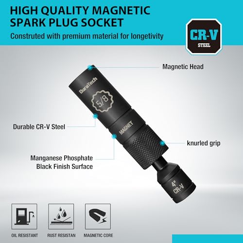 DURATECH 5/8" Swivel Magnetic Spark Plug Socket, 1MM Thin Wall Spark Plugs Socket with 12-Point, Enhanced Magnetic Head & Manganese Phosphate Coating, 3/8" Drive x 4" Total Length, Cr-V Steel Made - size: 5/8" x 3/8" x 4"