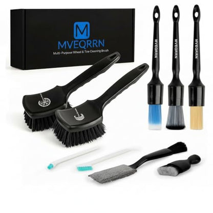 MVEQRRN 9PCS Car Detailing Brushes Set, Boar Hair Detail Brushes,Car Detailing Wheel Kit (Black) | Soft & Stiff Bristle Detail Brush, Scratch-Free Rim & Tire Cleaning Kit, Interior & Exterior Wheel Brush for Cars,Trucks,SUV - color: 9pcsblack detail wheel