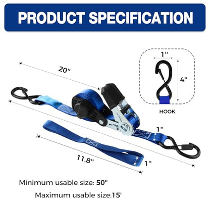 NeatStrap Ratchet Strap with Safety Lock Chromoly S Hooks-1,500lbs Break Strength-Motorcycle, Kayak Ratcheting Straps 1" x 15' Soft Loop Tie-Downs for Pickup Bed,Moving Truck,Trailer(4PK) - color: Blue
