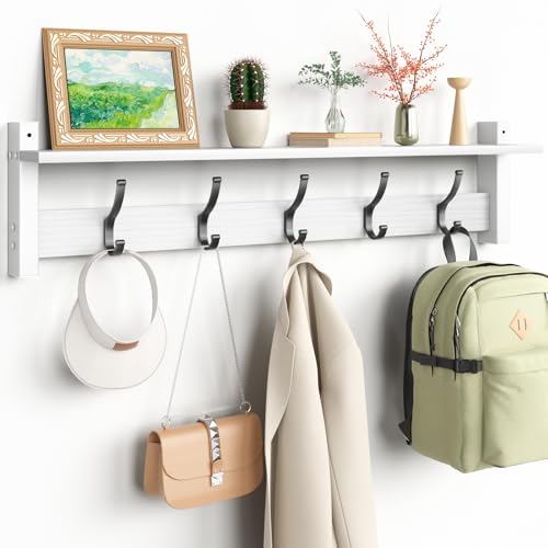 Optish Coat Rack Wall Mount with Shelf, 29 Inch Coat Hanger Walls Mounted, Hat Rack for Walls, Shelf with 5 Coat Hooks, Wall Hanger for Entryway (White) - color: White, size: 29 Inch