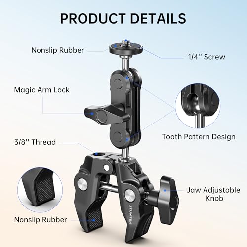 ATUMTEK Super Camera Clamp Mount with 1/4" and 3/8" Threads, Dual Ballhead Magic Arm 360° Ball Head Grip, Phone/Action Camera Mount Adapter for Canon Nikon DSLR Camera, GoPro/Insta360/INSTAX/DJI