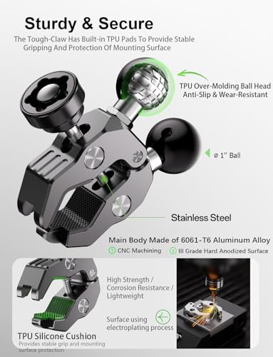 LOKTENWO Anti-Theft Dual Double 1" Ball Tough-Claw Mount, Aluminum Handlebar Clamp Fits 0.5"-1.75" Bars, Compatible with RAM B Size Socket Arm, Dual Device Motorcycle ATV GPS Camera Holder Base