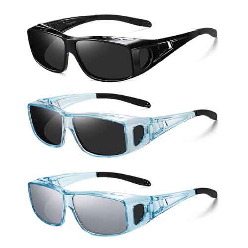 Wzerry Sunglasses Fit Over Glasses Polarized for Men Women, Wrap-Around Glasses UV400 Protection for Driving and Outdoor - color: Black/Grey + Transparent Blue/Grey + Transparent Blue/Silver