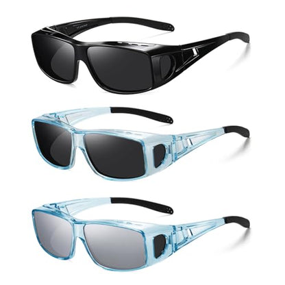 Wzerry Sunglasses Fit Over Glasses Polarized for Men Women, Wrap-Around Glasses UV400 Protection for Driving and Outdoor - color: Black/Grey + Transparent Blue/Grey + Transparent Blue/Silver