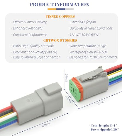 DT Deutsch 6 Pin Connector Kit Waterproof Electrical Connector 16 AWG Male and Female Automotive Wire Connectors for Car Truck Boat (6 Pin 2 Sets) - size: 6 Pin 2 Sets