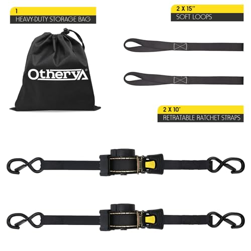 Retractable Ratchet Straps | 2 Heavy Duty Ratchet Straps Self Retractable Tie Down Straps with Soft Loops & Storage Bag for Motorcycle, Truck, Trailer | 1100 Lb Break Strength 1” x 7’ - size: 2 Pack