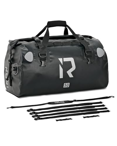 IRON JIA'S Motorcycle Dry Bag - Waterproof Duffle & Luggage Tail Bag Saddle Bags with Roll Top Closure, Shoulder Straps, Inner Pocket and Mesh Pocket (Black, 50L) - color: Black, size: 50L