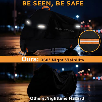 ROCKTAKIN 300D Heavy Duty Motorcycle Cover, Waterproof All Season Outdoor Protection with 4 Reflective Strips & Lock Holes, Fits Most Cruisers, Touring Bikes and Scooters up to 108" - size: 108"