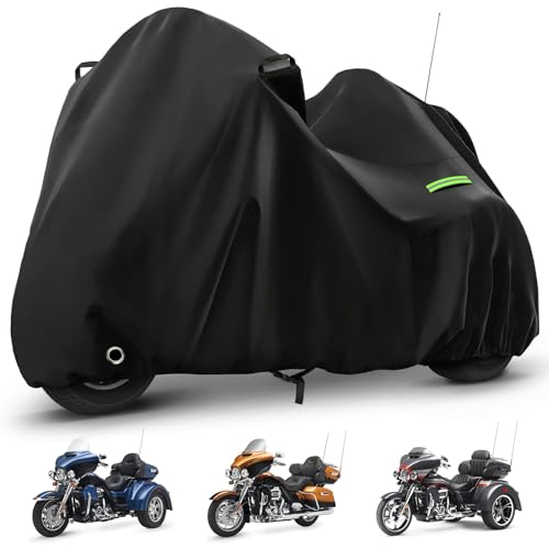 Motorcycle Cover Waterproof for Trike Models Freewheeler/CVO Version/Tri Glide Ultra/Gold Wing Trike, Heavy Duty Sun Rain Outdoor Protection Motorbike Cover with Antenna Zipper & Soft Cotton Lining - size: Trike Motorcycle Cover
