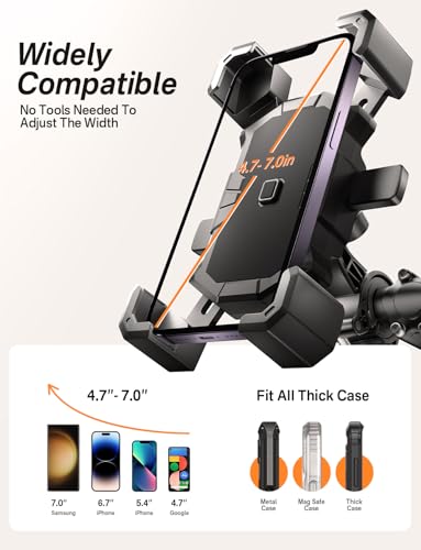 Delobon Bike Phone Holder Handlebar,Motorcycle Phone Mount,ATV Cell Phone Clamp,Scooter Phone Clip for iPhone 15 Pro Max14 13 12plus, Samsung S24Ultra S23 and More 4.7" to 7.0" inch Phone