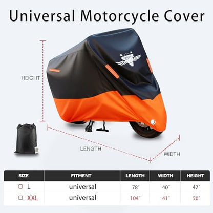 Motorcycle Cover, 300D Heavy Duty All Season Universal Windproof Dustproof Rain Sun Protection with 4 Night Reflectors Lock-Hole Carrying Bag Up to 104" (XXL) - size: XXL