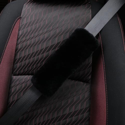 Soft & Cozy Australian Sheepskin Car Seat Belt Covers,2 Pack Fluffy Seatbelt Pads, Genunie Sheepskin Fur Shoulder Straps Cushions for Adults Kids Women and Men (Black) - color: Black