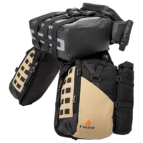 TUSK Highland X2 Rackless Luggage System w/Small Dry Duffel/Large Bottle Holders Compatible with KTM/Husky 690-701 Heat Shield Black/Tan - color: Black/Tan, size: Small Dry Duffel/Large Bottle Holders, style: Ktm/Husky 690-701 Heat Shield