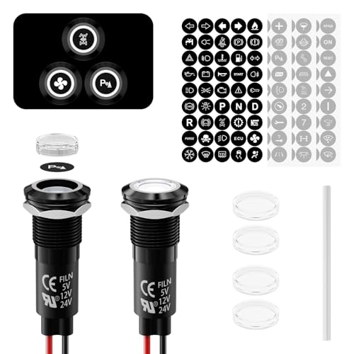 2Pcs LED Indicator Light Metal 180 Symbols 12V 24V Compatible 12mm Mounting Hole IP67 Waterproof Rating Ideal for DIY,Car, Boat, Motorcycle Dashboard Indicator Lights (White LED Light) - color: 12mm-White Light-2PCS